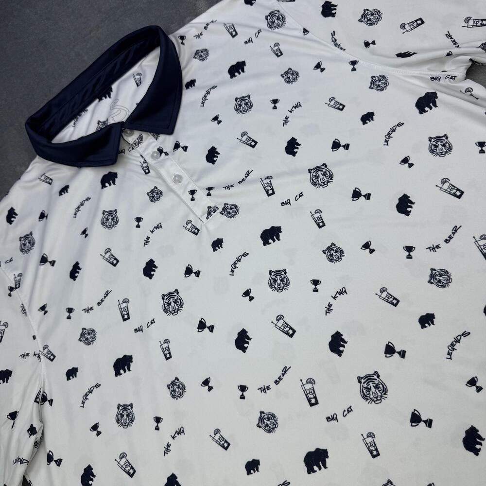 Swannies Golf Polo Shirt Mens 3XL White Navy Legends Bear Tiger Print Allover